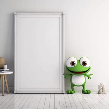 A white blank sheet of paper with space for your own content as an image. Next to a small Green Frog with big eyes. Graphic with space for your own content.