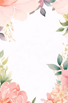 White blank card with space for your own content as an image. Around the decoration of painted colorful flowers and leaves. Graphic with space for your own content.