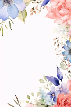 White blank card with space for your own content as an image. Around the decoration of painted colorful flowers and leaves. Graphic with space for your own content.