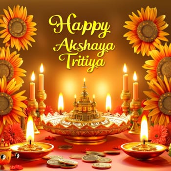 Greeting design for Akshaya Tritiya featuring candles, gold coins, and sunflowers on a gradient red background