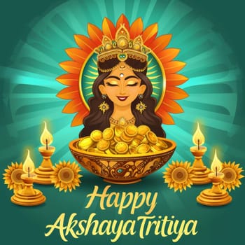 Joyful Akshaya Tritiya design with a smiling goddess, gold coins, and oil lamps on a green radiating background