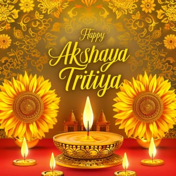 Greeting design for Akshaya Tritiya featuring candles, gold coins, and sunflowers on a gradient red background