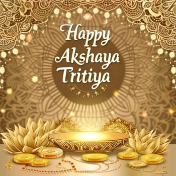 Greeting design for Akshaya Tritiya featuring candles, gold coins, and sunflowers on a gradient red background