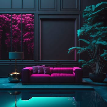 Elegant interior of rich house with pink sofa in the back black wall with space for your own content. Graphic with space for your own content.