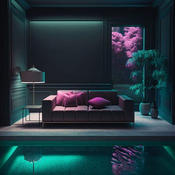 Elegant interior of rich house with pink sofa in the back black wall with space for your own content. Graphic with space for your own content.