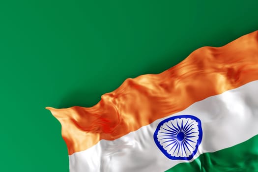 Indian national flag with flowing saffron, white, and green colors. Indian Independence Day, concept of patriotism and national pride. Empty, copy space for text, advertising. 3D render