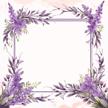 White blank card at decorated on the corners with painted lavender. Space for your own content. Graphic with space for your own content.