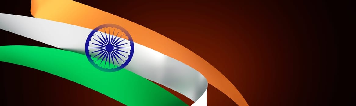 Vibrant, abstract representation of the Indian flag with flowing curves. Indian Independence Day, concept of patriotism and national pride. Copy space for text, advertising. Panoramic banner. 3D