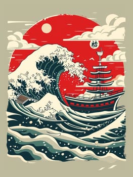 Graphic art of a pagoda silhouette against a backdrop of large waves and a bold red sun, embodying traditional Asian elements