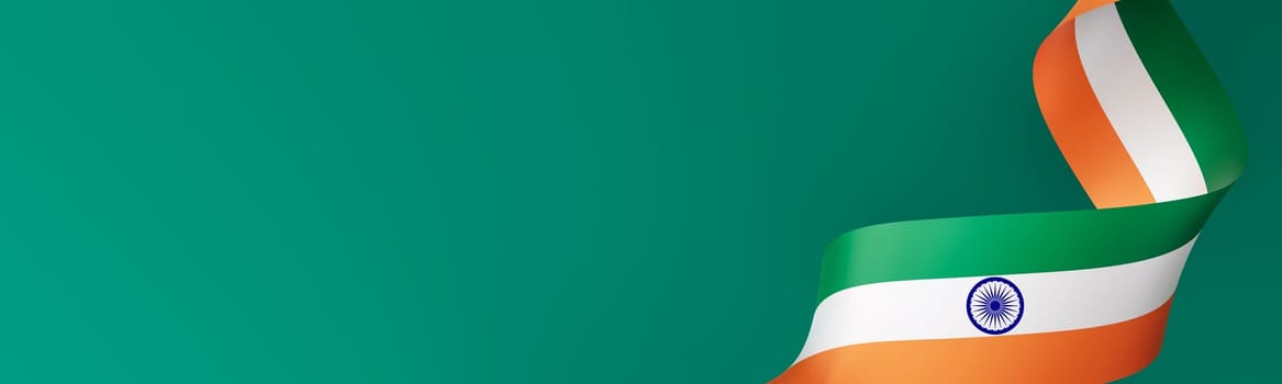 Flowing ribbon in the colors of the Indian flag, on green background. Indian Independence Day. Empty, copy space for text, advertising. Panoramic banner. 3D render