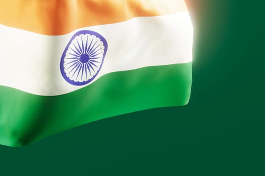 Indian national flag with flowing saffron, white, and green colors. Indian Independence Day, concept of patriotism and national pride. Empty, copy space for text, advertising. 3D render
