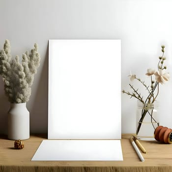 On a rustic wooden table, a blank white card sits delicately among a bouquet of vibrant flowers and a set of utensils.