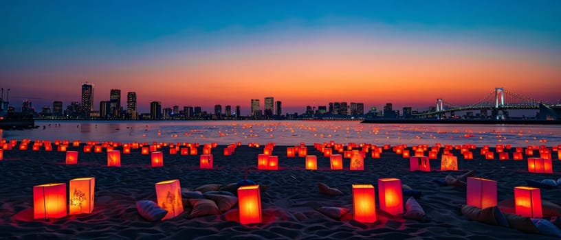 Warm hues of sunset sky blend with the cityscape and illuminated paper lanterns on the beach, commemorating Marine Day with a picturesque seascape. Japanese Umi no Hi known as Ocean Day or Sea Day.