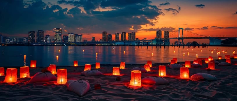 Red paper lanterns cast a soft glow on a beach at twilight, with a cityscape and lit bridge providing an urban contrast on Japans Marine Day. Japanese Umi no Hi also known as Ocean Day or Sea Day.