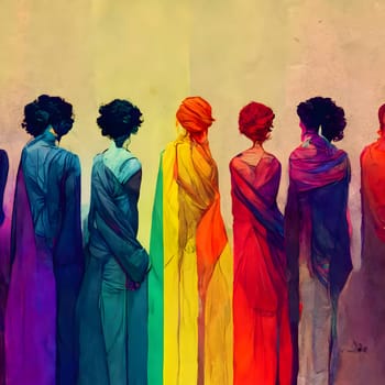 Colorful silhouettes of six people, each representing a different color of the LGBT flag, coming together in unity and solidarity.