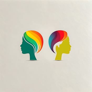 Logo concept - two colorful heads facing each other on a white background, symbolizing diversity and unity.