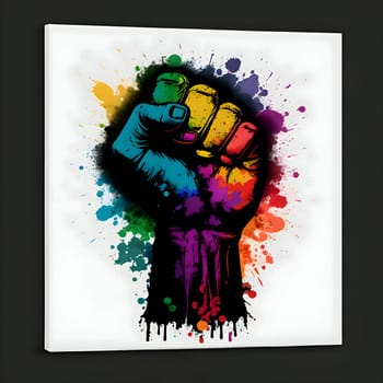 Illustration of a powerful clenched fist in vibrant LGBT rainbow colors, representing strength, unity, and solidarity in the fight for equality and LGBTQ+ rights.