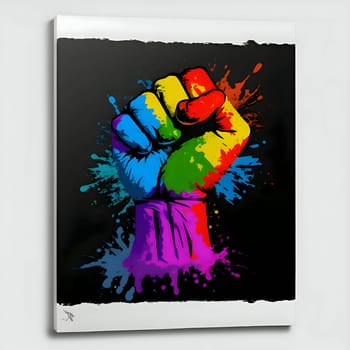 Illustration of a powerful clenched fist in vibrant LGBT rainbow colors, representing strength, unity, and solidarity in the fight for equality and LGBTQ+ rights.