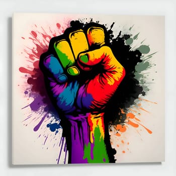 Illustration of a powerful clenched fist in vibrant LGBT rainbow colors, representing strength, unity, and solidarity in the fight for equality and LGBTQ+ rights.