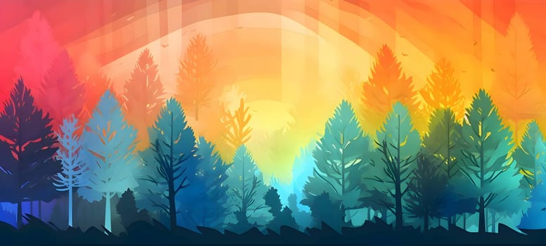 The forest comes alive in a burst of colors as the sun rises, painting the sky with hues of orange, pink, and gold, casting a vibrant glow over the lush green trees.