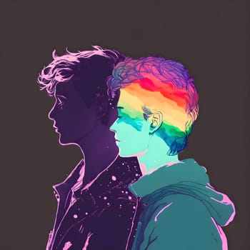 Silhouettes of two individuals in the vibrant LGBT rainbow colors against a serene gray background, celebrating inclusivity and diversity.