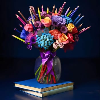 International Day of Education: Bouquet of flowers in vase with books and pencils