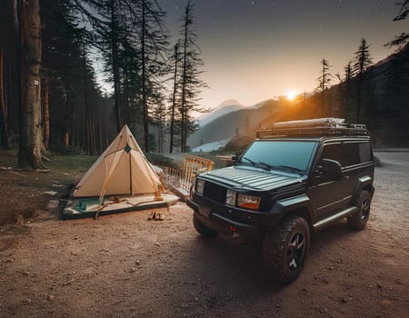 Tourism concept. Dawn in a foggy forest with jeep, off-road vehicle a lonely tent. Man lives in the forest