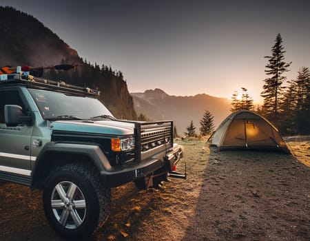 Tourism concept. Dawn in a foggy forest with jeep, off-road vehicle a lonely tent. Man lives in the forest