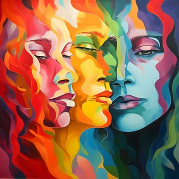 The joyful faces of three people come together in a colorful rainbow composition, radiating happiness and harmony.