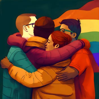 A heartwarming scene of a diverse group of people hugging and embracing each other, united by love and acceptance, with a vibrant LGBT rainbow flag in the background.