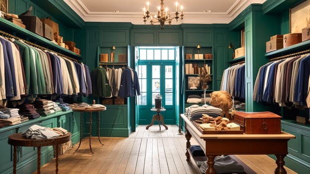 High street retail, small business and commercial interior, fashion store in the English countryside style, elegant country clothing shop showroom and luxurious boutique in the old town, post-processed, generative ai