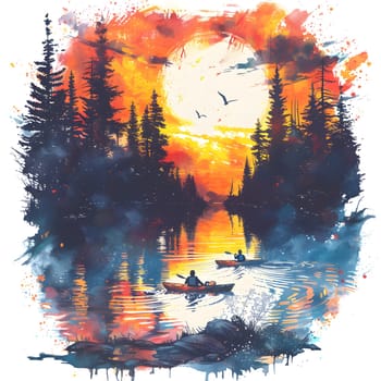 A beautiful painting capturing two people in kayaks on a tranquil lake at sunset, showcasing a mesmerizing natural landscape reflected in the water