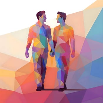 A logo symbol featuring a pair of men against a two-color background, representing LGBTQ+ identity and diversity.