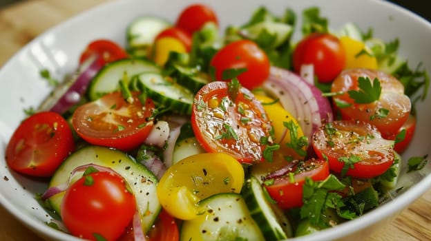 Tasty salad, Vegetable salad, Fresh and healthy food, Salad with vegetables and greens.