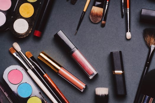 professional set of cosmetics for make-up and skin care and female beauty. Top view, flat lay