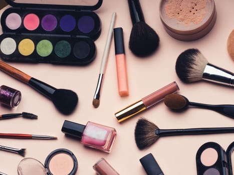 Women's cosmetics and makeup set on pink background. Top view, flat lay collage