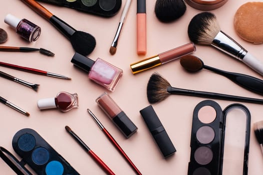 Women's cosmetics and makeup set on pink background. Top view, flat lay collage