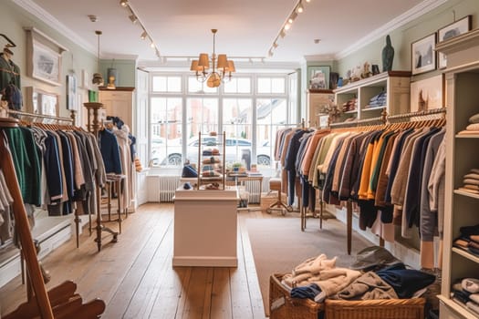 High street retail, small business and commercial interior, fashion store in the English countryside style, elegant country clothing shop showroom and luxurious boutique in the old town, post-processed, generative ai
