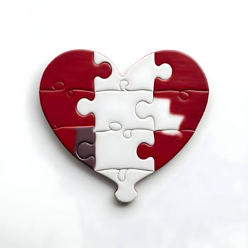 White and red puzzle heart symbolizing unity and love, beautifully displayed on a clean white background.