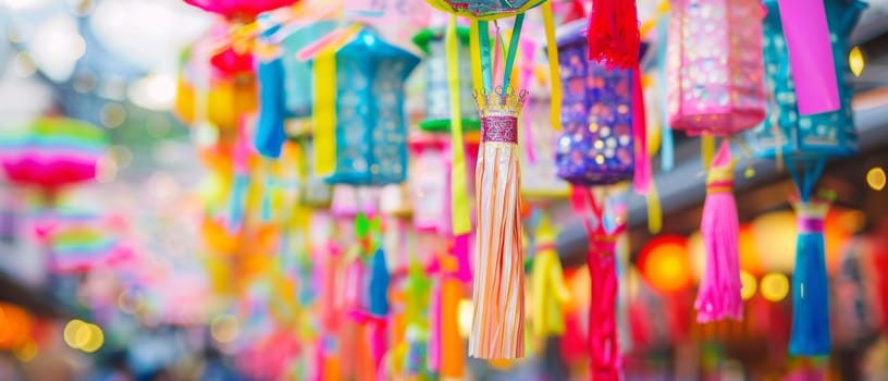 Close-up of colorful Tanabata festival decorations featuring paper kimonos and vibrant streamers against a blurred background