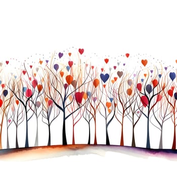Silhouettes of trees and hearts intertwine, creating a whimsical scene on a pristine white background.