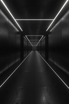 A long, dark hallway with a series of lights on the ceiling. The lights are on a dim setting, creating a moody atmosphere