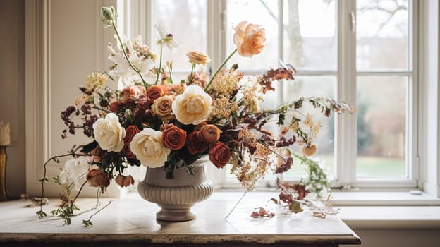 Beautiful floral arrangement with winter, autumn or early spring botanical plants and flowers