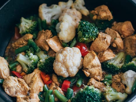 chicken with vegetables stewed in a frying pan close-up
