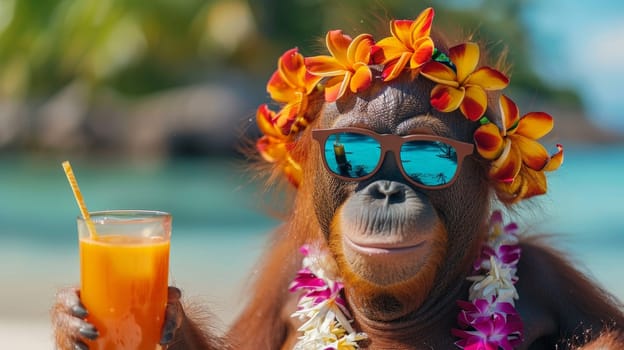 Summer background, An orangutan with hawaiian costume tropical palm and beach background, Generative AI.