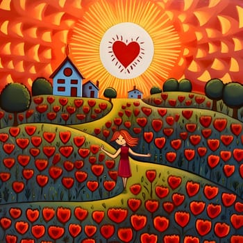 An illustration in which we see houses, trees, a field of poppies and a girl. In the sky there is a sun and a heart.