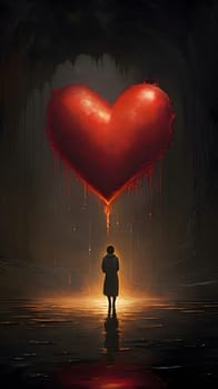 Silhouette of a Woman standing in a dark cave facing a Big red heart. Heart as a symbol of affection and love. The time of falling in love and love.