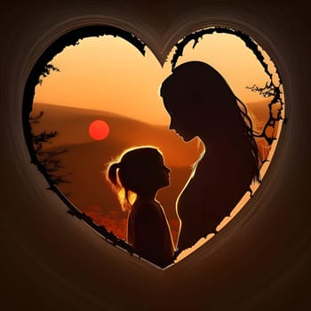 Mother and daughter in a large heart around them desert sunset. Heart as a symbol of affection and love. The time of falling in love and love.