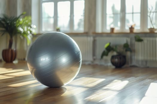 A silver exercise ball sits on a wooden floor in a room with a window. The ball is surrounded by potted plants, giving the room a natural and calming atmosphere