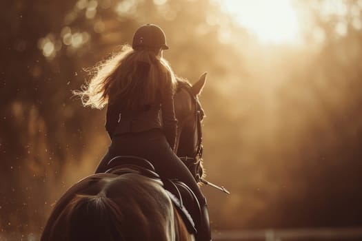 A woman is riding a horse in a forest. The sun is shining brightly, casting a warm glow on the scene. The woman is wearing a black jacket and a helmet, and the horse is standing still